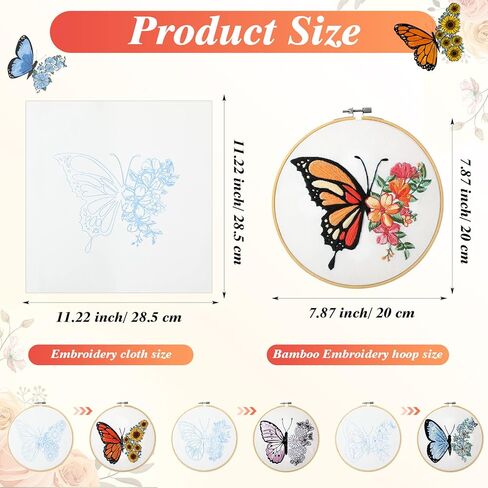 4 مجموعات من أدوات تطريز الفراشة على شكل فراشة وزهرة وقماش بغرز متقاطعة DIY مع أنماط وتعليمات وأطواق التطريز والخيوط والإبر وخيط الإبرة (نمط الفراشة) in Kuwait