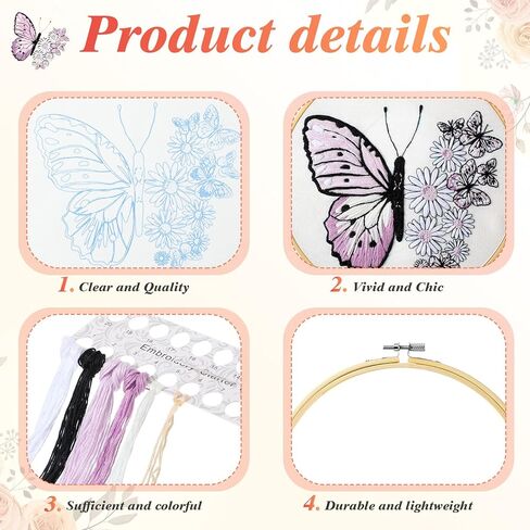 4 مجموعات من أدوات تطريز الفراشة على شكل فراشة وزهرة وقماش بغرز متقاطعة DIY مع أنماط وتعليمات وأطواق التطريز والخيوط والإبر وخيط الإبرة (نمط الفراشة) in Kuwait