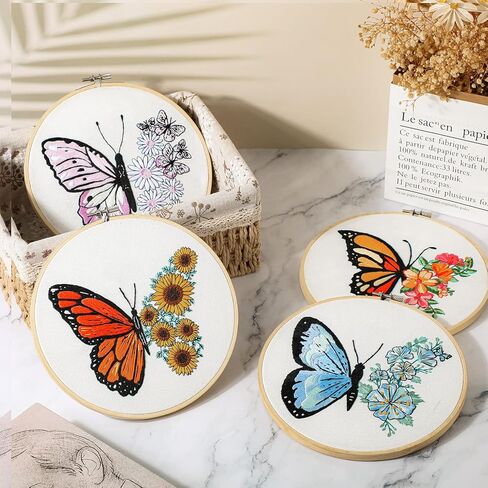 4 مجموعات من أدوات تطريز الفراشة على شكل فراشة وزهرة وقماش بغرز متقاطعة DIY مع أنماط وتعليمات وأطواق التطريز والخيوط والإبر وخيط الإبرة (نمط الفراشة) in Kuwait