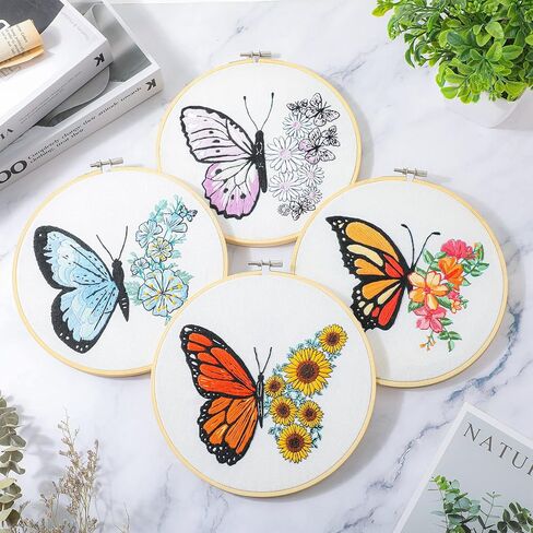 4 مجموعات من أدوات تطريز الفراشة على شكل فراشة وزهرة وقماش بغرز متقاطعة DIY مع أنماط وتعليمات وأطواق التطريز والخيوط والإبر وخيط الإبرة (نمط الفراشة) in Kuwait