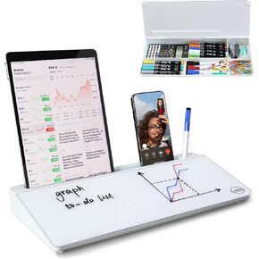 Small Glass Desktop Dry Erase Whiteboard with Storage, Desktop Board Buddy for Writing Message, Note, Memos, Desk Organizers and Accessories for Office, Home, School Supplies (White)