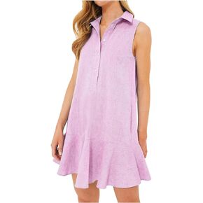 Women Sleeveless Mini Dress Button Down Shirt Dress V Neck Reffle Hem Cotton Linen Tunic Short Dress