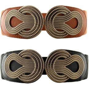 VOCHIC 2pcs Vintage Basic Stretchy Elastic Wide Waist Belt for Womens Dress Metal Interlock Buckle
