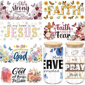 UV DTF Cup Wrap - 8 Sheets Bible Verse UV DTF Cup Wraps for 16 OZ Christian UVDTF Cup Wraps Religions Juses Faith UV DTF Wraps Waterproof Butterfly Flower UV DTF Stickers for Glass Cups