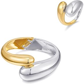WOWORAMA Two Tone Chunky Teardrop Rings and Cuff Bracelets Set for Women Adjustable Open Rings and Chunky Hinged Cuff Bangle Bracelets