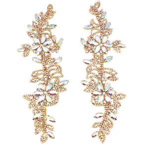 1 Pair Symmetrical Rhinestone Applique Patch 100% Handmade Sew On Flower AB Crystal Applique for Sewing Clothes Wedding Bridal Dress Jewelry Decorative (2PCS Silver)