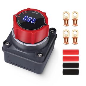 Upgrade Battery Disconnect Switch with Voltmeter, DC 5-60V Master Isolator Cut/Shut Off Switch with 3/8"Ring Terminals Heat Shrink for Marine Boat Car Truck Camper RV Trailer (On/Off Kit)