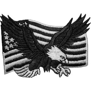 Bald Eagle with American USA Flag Sew on Iron on Embroidered Applique Patch - Black & White (Iron-Bald-USA-BW)