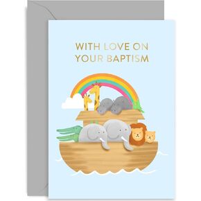 Old English Co. Noah's Ark Baptism Card for Boy or Girl - Cute Animal Bapsitm Card for Godson, Godaughter, Niece, Nephew, Grandchild | Blank Inside with Envelope
