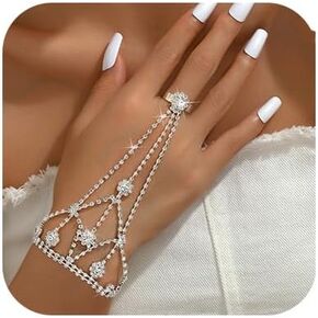 Chargances Elegant Rhinestone Finger Ring Bracelet Silver Shining Crystal Flower Hand Chain Bracelet Wedding Slave Hand Jewerly for Women and Girls Bridal (Style 3)