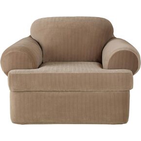 SureFit Stretch Pinstripe T-Cushion Chair Cover, Form Fit, Polyester/Spandex, Machine Washable, Taupe Color