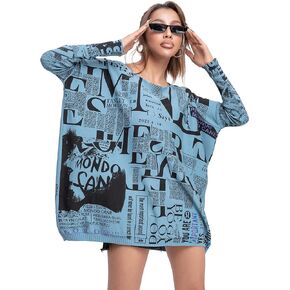 ellazhu Women's Off-Shoulder Long-Sleeved Cute Newspaper Printed Pullover Oversized Sweater Shirt GY2753 White