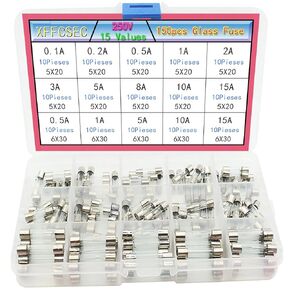 Glass Fuse Kit:150pcs 250V 15Types 5x20mm: 0.25A,0.5A,1A,1.5A,2A,2.5A,3A,4A,5A,6A,6.3A,7A,8A,10A,A20,Replacement Fuses