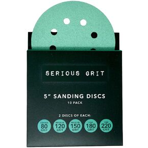 5-Inch 8-Hole Sanding Discs Sample Pack - 80, 120, 150, 180, 220 Grit (2 of Each) - Heavy-Duty Hook & Loop Film Discs - Sandpaper for Random Orbital Sanders - 10 Disc Pack