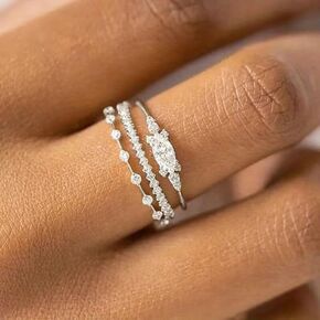 Mnyixsi 3PCS 925 Sterling Silver Engagement Rings Dainty Diamond Promise Rings Bridal Wedding Cubic Zirconia Fashion Ring Sets for Women Stackable Curved Moissanite Eternity Band Rings Size 6