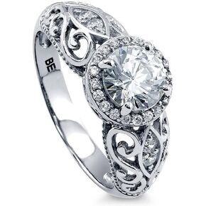 BERRICLE Sterling Silver Halo Wedding Engagement Rings Round Cubic Zirconia CZ Art Deco Ring for Women, Rhodium Plated Size 4-10