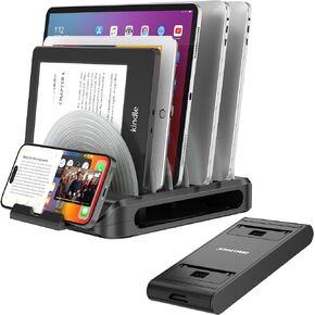 Vertical Laptop Stand for Desk, Adjustable Multi-Device Organizer with 6 Dividers, Removable Portable Phone Stand, 360° Rotating Base, Compatible with MacBook, iPhone, iPad, Tablets（Black）