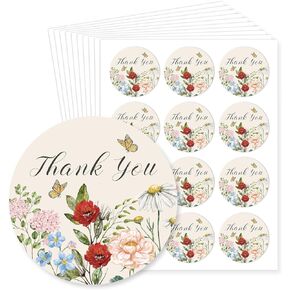 AnyDesign 40Pcs Thank You Stickers Wildflower Thank You Round Decals Vintage Floral Label Stickers Adhesive Sealing Labels for Envelopes Grocery Baking Bag Party Favor Supplies