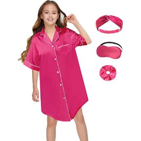 قميص نوم بناتي من الساتان للأطفال مصنوع من الحرير بأكمام طويلة وأزرار سفلية فستان نوم in Kuwait