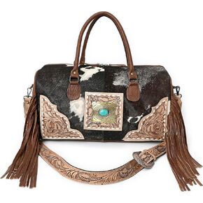 Weekender Duffle Bag For Women Large Travel Tote Bag Overnight, Cowhide Tooled Harness with Tassel Duffle Bag(Brown)