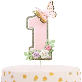 غلاف كعكة عيد الميلاد الأول من الأزهار - ديكورات حفلات عيد الميلاد الأولى للفتيات، غلاف كعكة رقم 1 على شكل زهرة، زخرفة كعكة استحمام الطفل على شكل فراشة زهرية، غلاف كعكة وردي واحد مع زهور