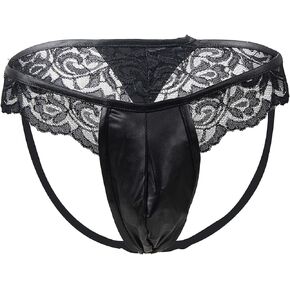 ohyeahlady Mens Lace Thong Sexy Panties Underwear with Faux Leather Pouch G-strings Black Lingerie for Men Bikini Briefs