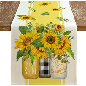 ARKENY Summer Table Runner 13x72 Inches, Sunflower Vase Sunshine Yellow Seasonal Farmhouse Stripe Burlap Indoor Kitchen Anniversary Dining Table Decor for Home Party AT606-72