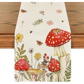 Artoid Mode Mushroom Wildflowers Spring Table Runner, Seasonal Summer Bees Butterfly Kitchen Dining Table Decoration for Home Party Decor 13x72 Inch