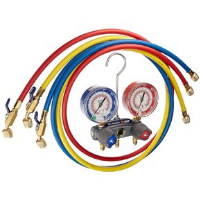Yellow Jacket 49868 Titan 2-Valve Test and Charging Manifold Degrees F, psi Scale, R-22/404A/410A Refrigerant, Red/Blue Gauges