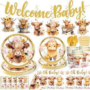 148Pcs Brown Cow Baby Shower Decorations Tableware Set for 20 Guests, Cowboy Cowgirl Baby Shower includes Brown Cow glitter Banner Hanging Decor Plates Napkins Cup Fork Straw and Tablecloth