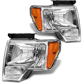 2009 2010 2011 2012 2013 2014 Ford F150 Pickup Headlight Assembly for 09-14 Ford F150 Clear Lens Chrome Housing with Amber Reflector Headlamp Replacement Left and Right Pair