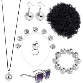 7 قطع ديسكو الملحقات 1970s ديسكو الكرة الملحقات مجموعة الفضة ديسكو الكرة عقال الفضة ديسكو الكرة قلادة ديسكو الكرة سوار ديسكو الكرة الأقراط ديسكو الدائري النظارات الشمسية ديسكو الأفرو شعر مستعار للنساء in Kuwait