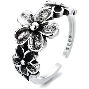 Vintage Plumeria Flower 925 Silver Plated Open Band Ring for Women Girls Statement Adjustable Expandable Daisy Knuckle Finger Rings Comfort Fit Oxidized Retro Birthday Jewelry Gift