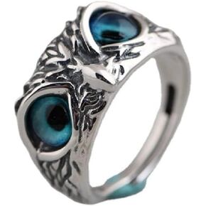 Detail 925 Sterling Silver Devil Eye Owl Ring,18K Gold-Plated Red/Blue/Black/Green Four Colors Devil Eye Owl Ring,Personality Vintage Animal Owl Open Adjustable Ring Unisex Teen (Silver)