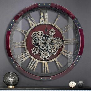 27 inch Large Real Moving Gears Wall Clock with Toughened Glass Cover, Oversized Vintage Solid Wood Farmhouse Clock, Giant Decorative Rustic Wall Clock for Living Room Home Kitchen Office (Brown)