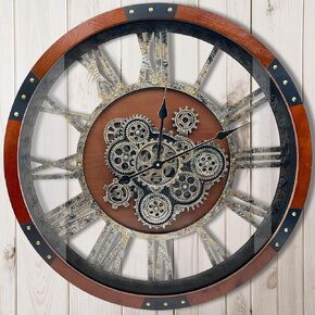 27 inch Large Real Moving Gears Wall Clock with Toughened Glass Cover, Oversized Vintage Solid Wood Farmhouse Clock, Giant Decorative Rustic Wall Clock for Living Room Home Kitchen Office (Brown)