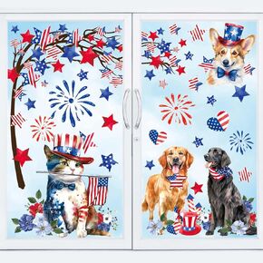 9 Sheets Patriotic Animal Window Clings American Flag Star Fireworks Cat Dog Window Sticker 4th of July Static Window Decals for Independence Day Home School Party Decor