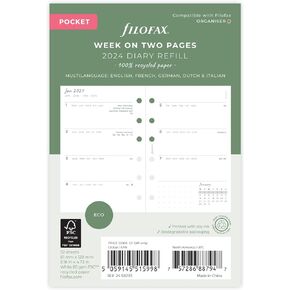 Filofax Pocket Eco Week on Two Pages 2024 diary with tabs,White
