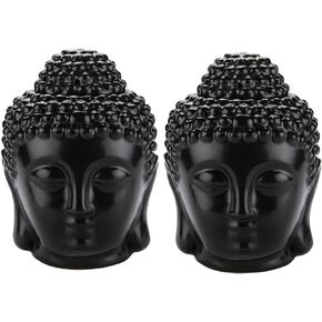 T4U Ceramic Buddha Head Essential Oil Burner with Candle Spoon Black Set of 2, Aromatherapy Wax Melt Burners Oil Diffuser Tealight Candle Holders Buddha Ornament for Yoga Spa Home Bedroom Decor Gift