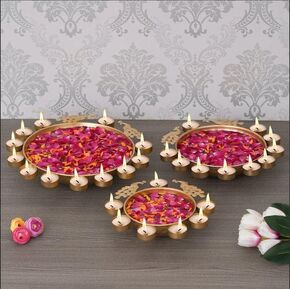 Urli Diya, 3pcs, Peacock Urli Bowl, Diwali Decor Peacock Urli, Diwali Diya, Golden Candle Holder, Tealight Candle Holder, Pooja Diya Urli 10" 12" 14" Set