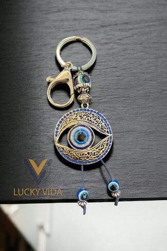 Big Blue Evil Eye with Blue Crystal Keychain Ring - Charm Sign for Protection, Blessing, Harmony and Balance - Home, Bags & Car Rear View Mirror Hanging Accessories in Saudi Arabia
