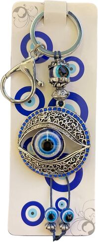 Big Blue Evil Eye with Blue Crystal Keychain Ring - Charm Sign for Protection, Blessing, Harmony and Balance - Home, Bags & Car Rear View Mirror Hanging Accessories in Saudi Arabia