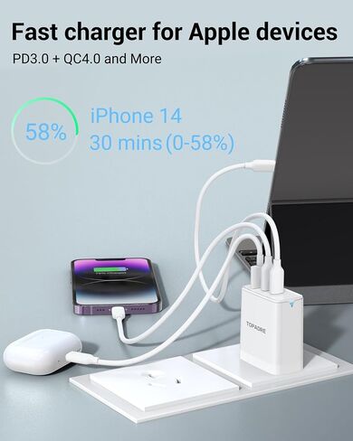 كتلة شاحن USB C بقدرة 65 وات، شاحن حائط 3 منافذ GaN قابل للطي من النوع C، شحن سريع لأجهزة MacBook Pro/Air، iPad Pro/Air، iPhone 15/15 Pro/15 Pro Max، لهاتف Samsung Galaxy S24/S23، أبيض in Kuwait