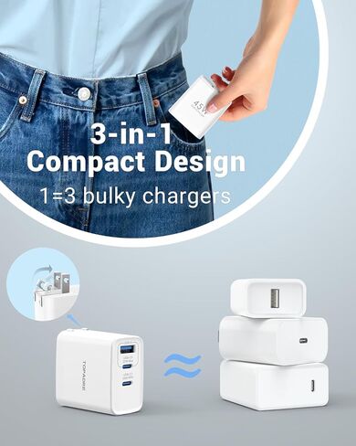 كتلة شاحن USB C بقدرة 65 وات، شاحن حائط 3 منافذ GaN قابل للطي من النوع C، شحن سريع لأجهزة MacBook Pro/Air، iPad Pro/Air، iPhone 15/15 Pro/15 Pro Max، لهاتف Samsung Galaxy S24/S23، أبيض in Kuwait