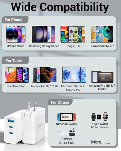 كتلة شاحن USB C بقدرة 65 وات، شاحن حائط 3 منافذ GaN قابل للطي من النوع C، شحن سريع لأجهزة MacBook Pro/Air، iPad Pro/Air، iPhone 15/15 Pro/15 Pro Max، لهاتف Samsung Galaxy S24/S23، أبيض in Kuwait