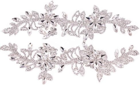 1 Pair Symmetrical Rhinestone Applique Patch 100% Handmade Sew On Flower AB Crystal Applique for Sewing Clothes Wedding Bridal Dress Jewelry Decorative (2PCS Silver) in Saudi Arabia