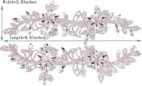 1 Pair Symmetrical Rhinestone Applique Patch 100% Handmade Sew On Flower AB Crystal Applique for Sewing Clothes Wedding Bridal Dress Jewelry Decorative (2PCS Silver) in Saudi Arabia