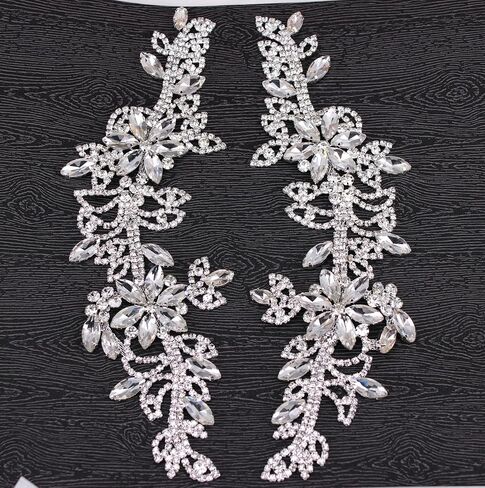 1 Pair Symmetrical Rhinestone Applique Patch 100% Handmade Sew On Flower AB Crystal Applique for Sewing Clothes Wedding Bridal Dress Jewelry Decorative (2PCS Silver) in Saudi Arabia