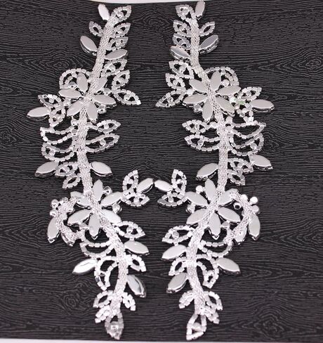 1 Pair Symmetrical Rhinestone Applique Patch 100% Handmade Sew On Flower AB Crystal Applique for Sewing Clothes Wedding Bridal Dress Jewelry Decorative (2PCS Silver) in Saudi Arabia
