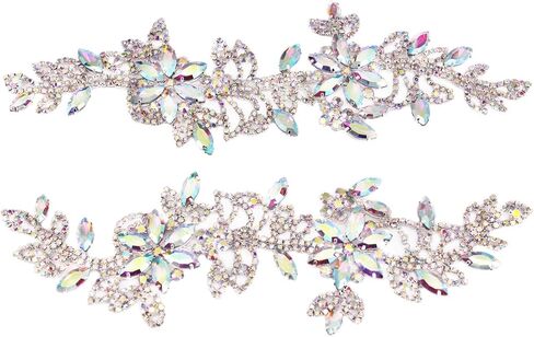1 Pair Symmetrical Rhinestone Applique Patch 100% Handmade Sew On Flower AB Crystal Applique for Sewing Clothes Wedding Bridal Dress Jewelry Decorative (2PCS Silver) in Saudi Arabia